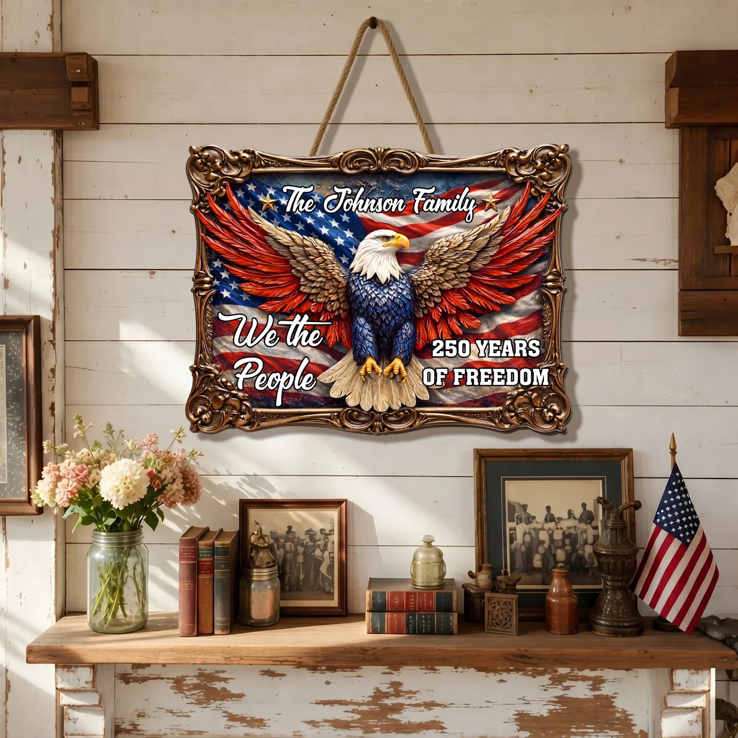 Wood Sign material and size view - Custom 250 Years Of Freedom Patriotic Wood Sign