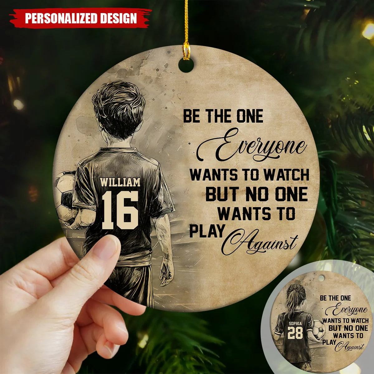 Ceramic Ornament material and size view - Custom Soccer Christmas Ornament