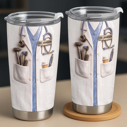 Personalized doctor tumbler featuring 3D style white lab coat stethoscope design with custom name tag for doctors image 10