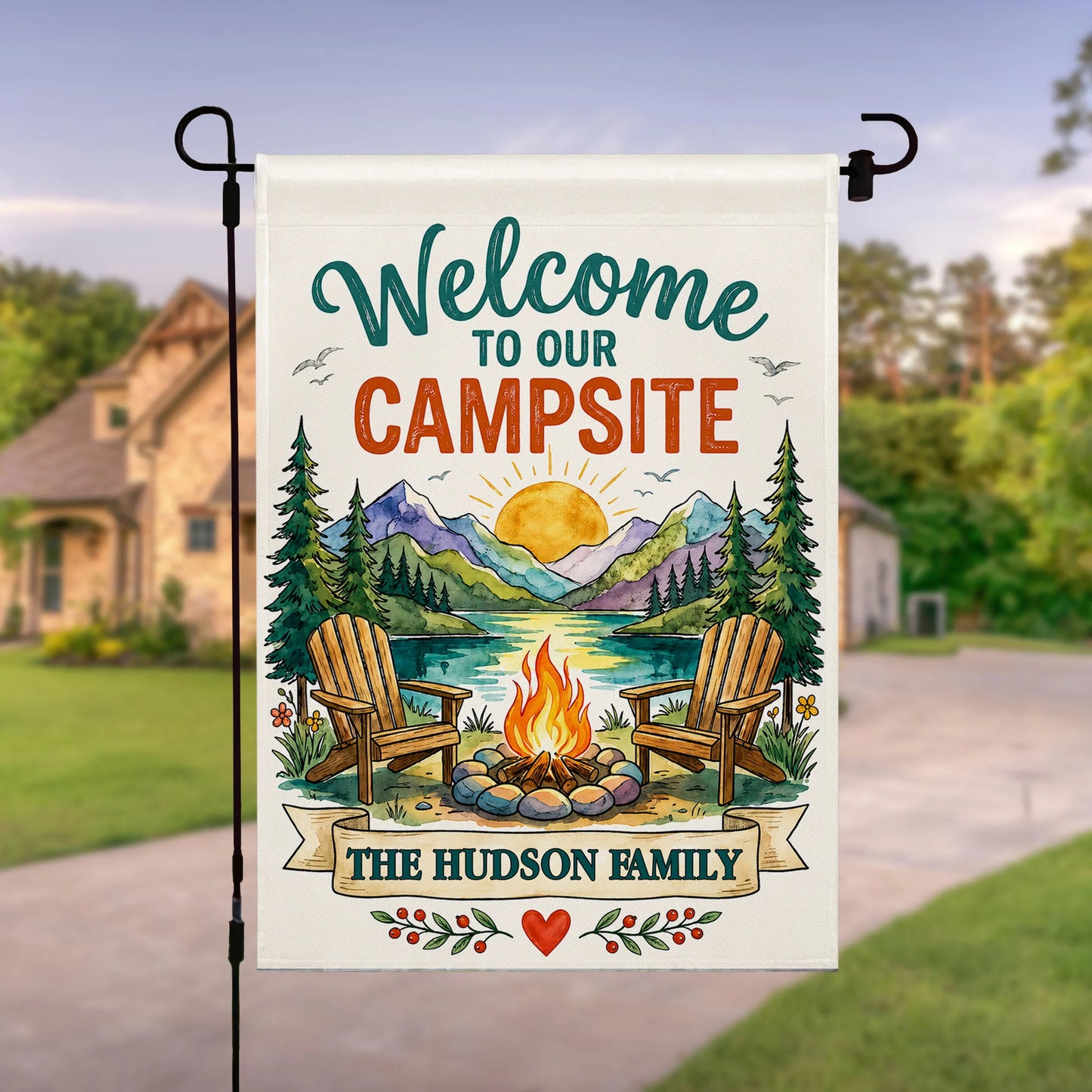 Custom Camping Family Name Flag featuring a scenic mountain lake and campfire design for outdoor yard decor