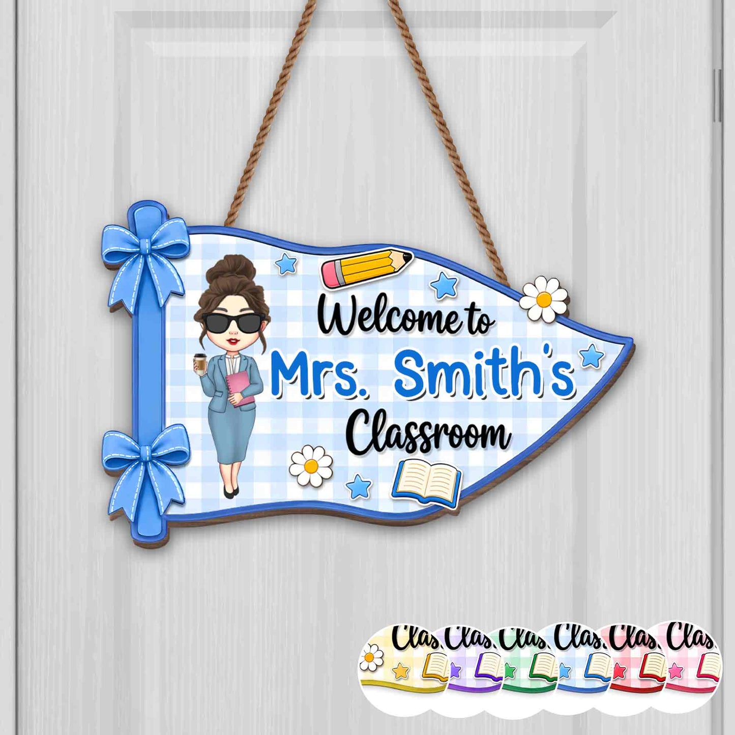 Personalized teacher classroom sign shaped like a blue pennant with a custom avatar and name