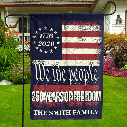 Custom America 250th anniversary garden flag with family name personalization for patriotic yard decor