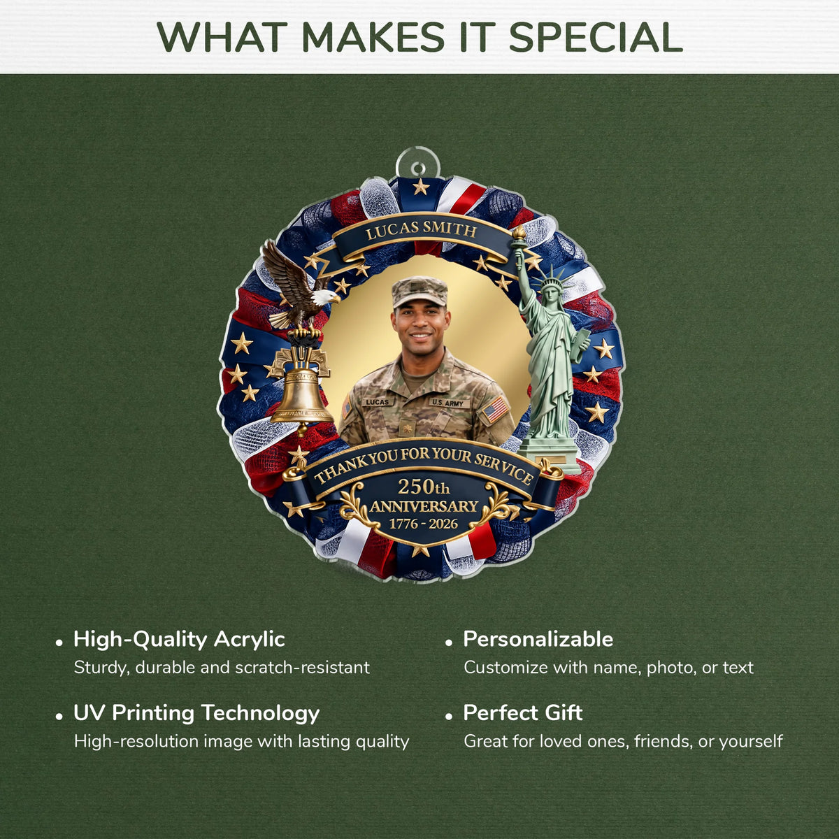 Thank You for Your Service Personalized Veteran Photo Acrylic Ornament - Custom US Military America 250 Gifts