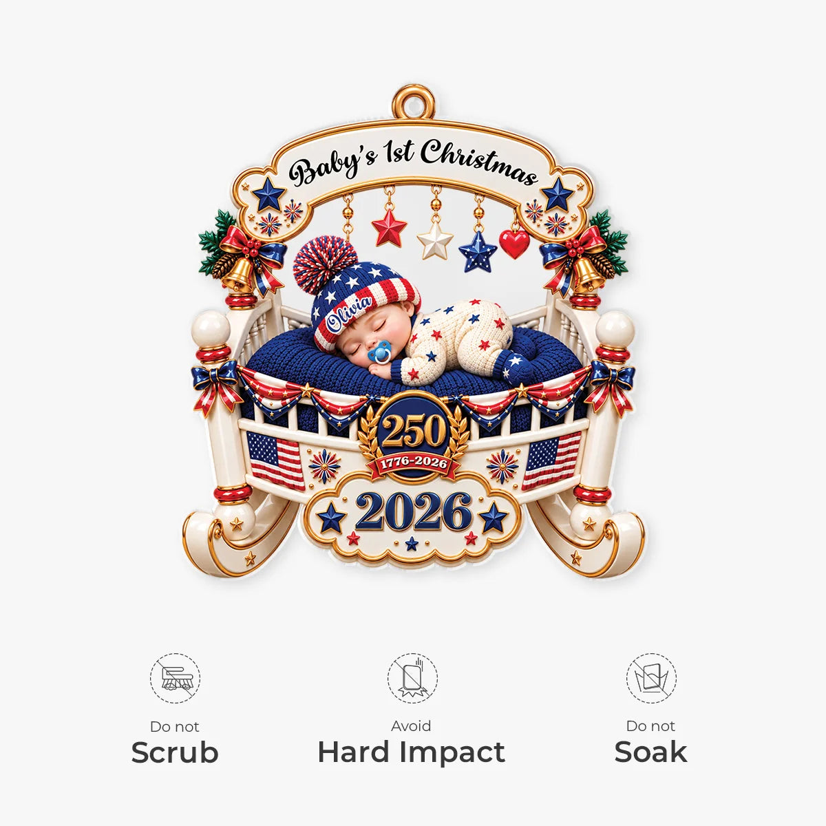"Baby's 1st Christmas" Personalized Acrylic Ornament - Custom USA 250th Crib Keepsake for Newborn