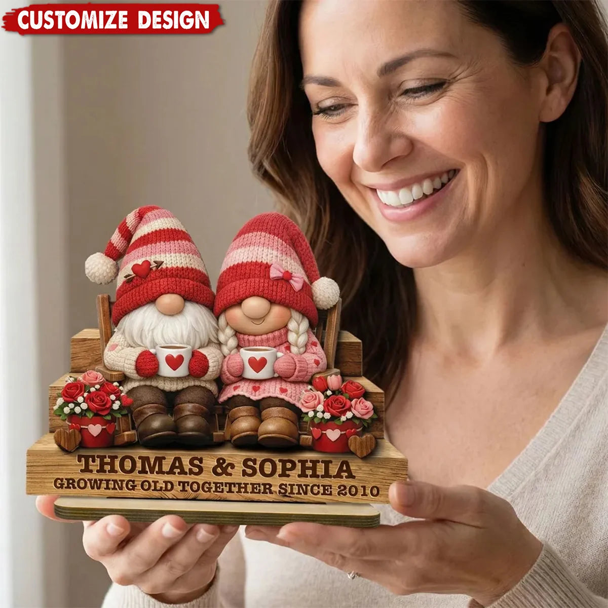 Growing Old Together Personalized Wooden Plaque for Couples - Custom Gnome Anniversary Gift