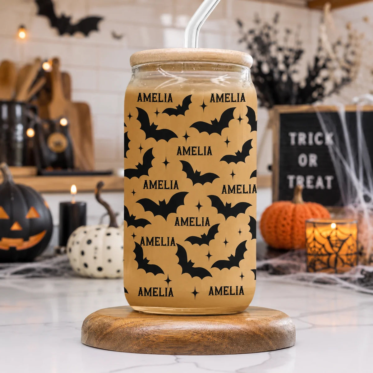 Spooky Season Bats Personalized Halloween Glass Can Cup - Cute Custom Fall Gift For Her