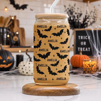 Spooky Season Bats Personalized Halloween Glass Can Cup - Cute Custom Fall Gift For Her