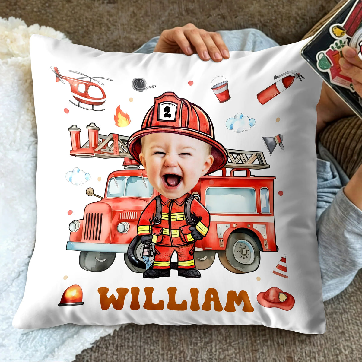Personalized Firefighter Photo Pillow - Custom Little Heroes Name Throw Pillow Gift for Boys Kids Bedroom Decor