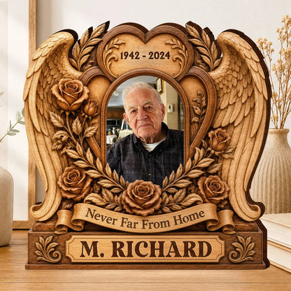 Never Far From Home Personalized Memorial Wooden Block - Custom Photo Keepsake for Family