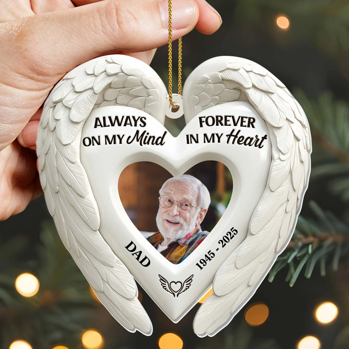 Always On My Mind Personalized Angel Wings Wooden Ornament - Custom Memorial Photo Keepsake for Family