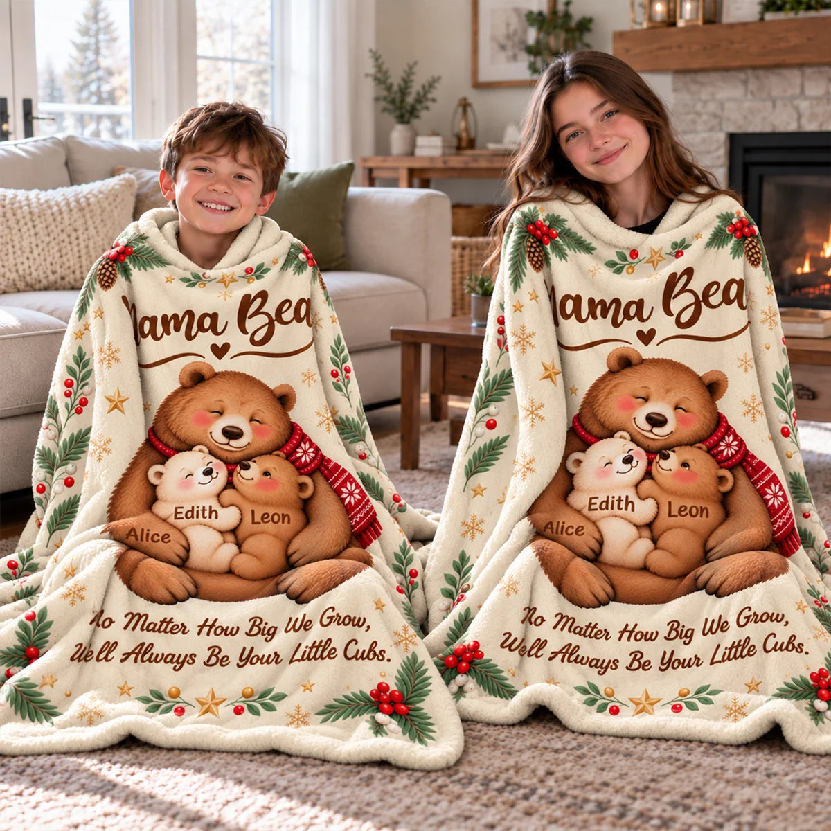 "Always Be Your Little Cubs" Personalized Mama Bear Blanket - Custom Kids' Names Christmas Gift for Mom