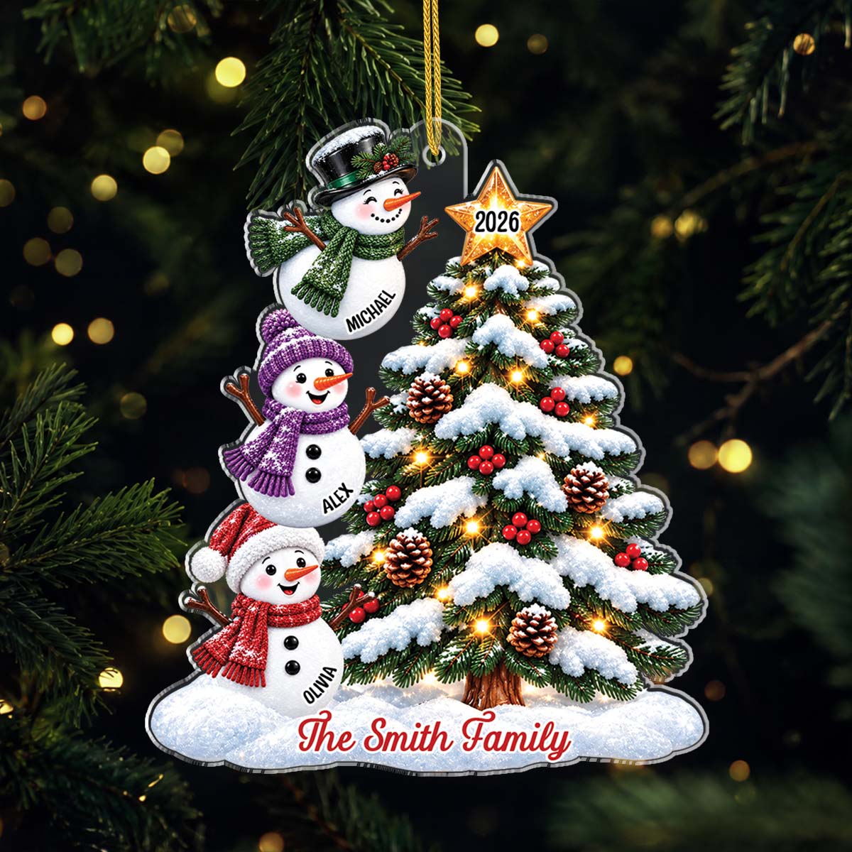 Snowman Family Tree Personalized Christmas Acrylic Ornament - Keepsake Gift for Family