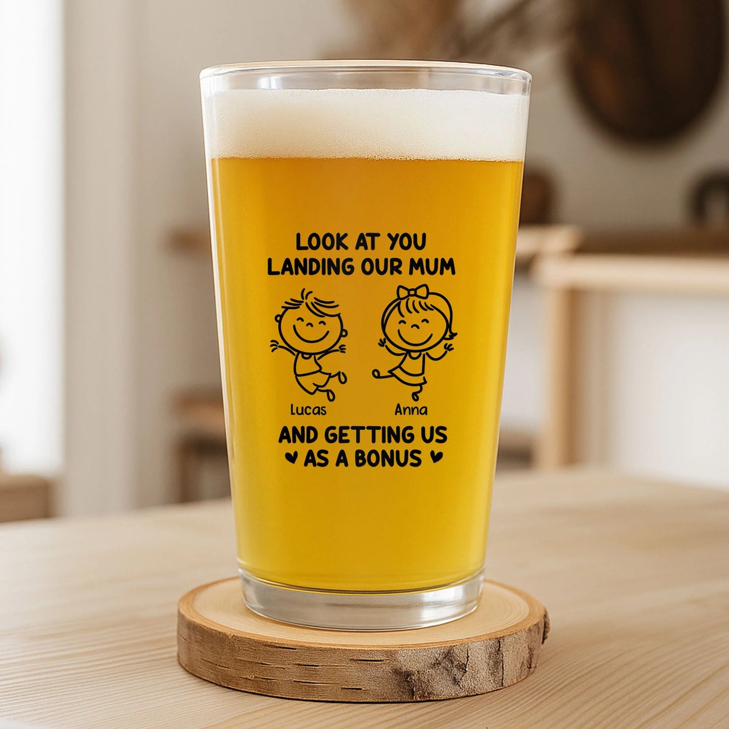 Custom Bonus Dad Beer Glass personalization view for Dad
