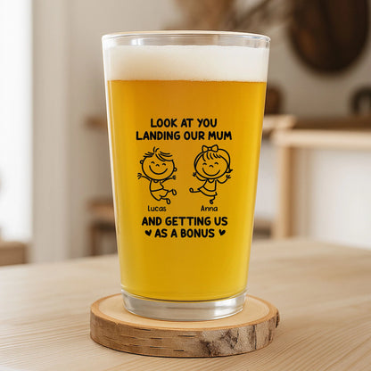 Custom Bonus Dad Beer Glass personalization view for Dad