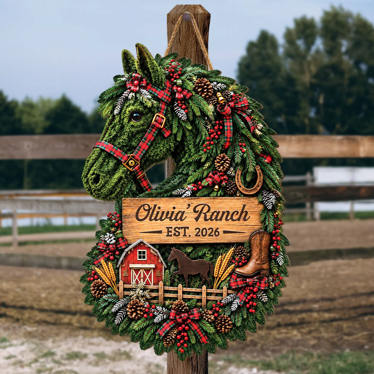 Christmas Horse Ranch Wreath Wood Sign - Personalized Rustic Door Plaque for Horse Lovers