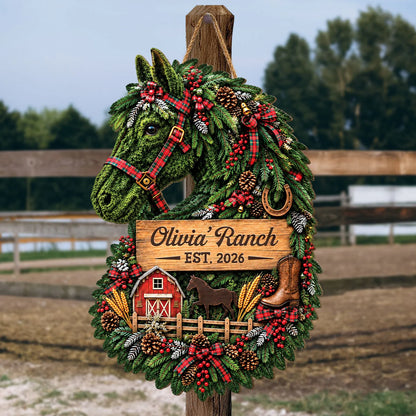 Christmas Horse Ranch Wreath Wood Sign - Personalized Rustic Door Plaque for Horse Lovers
