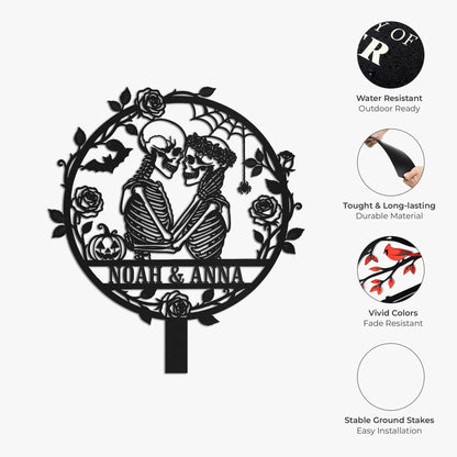 Personalized Skeleton Couple Metal Garden Stake - Custom Gothic Halloween Yard Sign & Romantic Anniversary Keepsake Gift