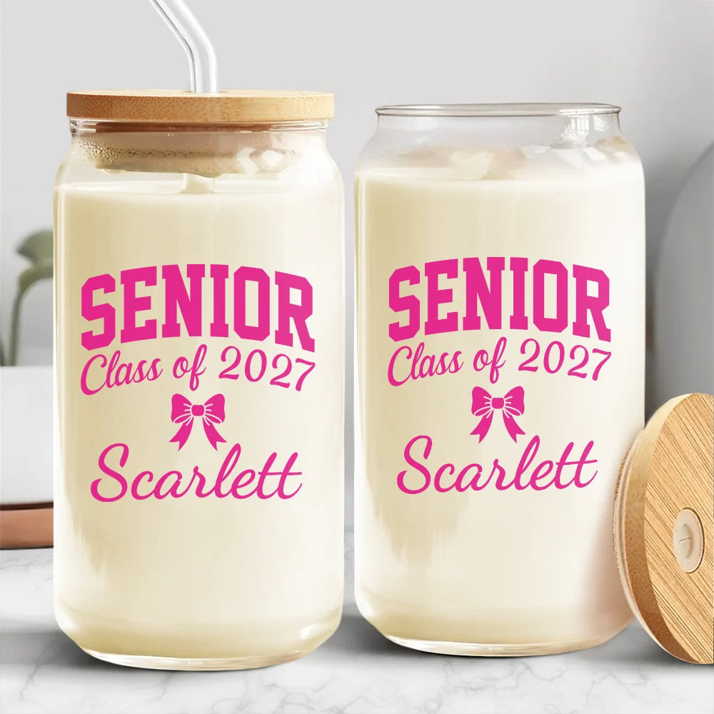 Senior Class of 2027 Custom Name Glass Can - Personalized Graduation Gift