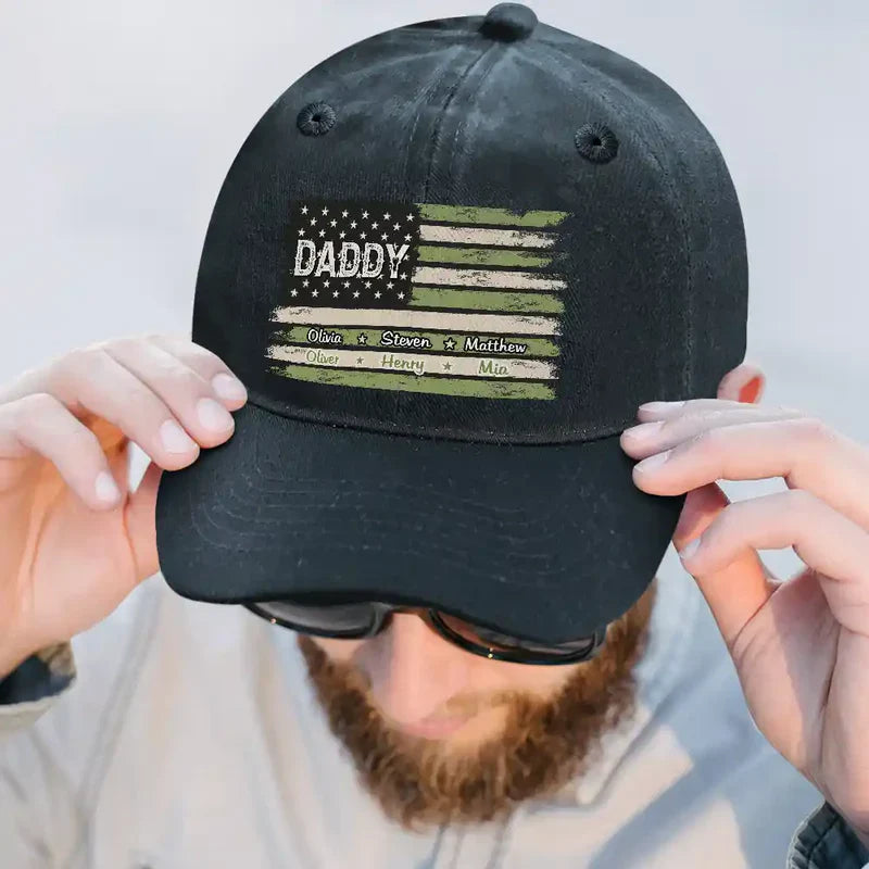 T-Shirt / Hoodie material and size view - Custom American Flag Dad Cap