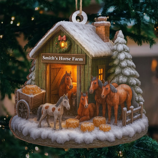 Christmas At The Horse Farm Personalized Wood Ornament - Family Holiday Keepsake Gift