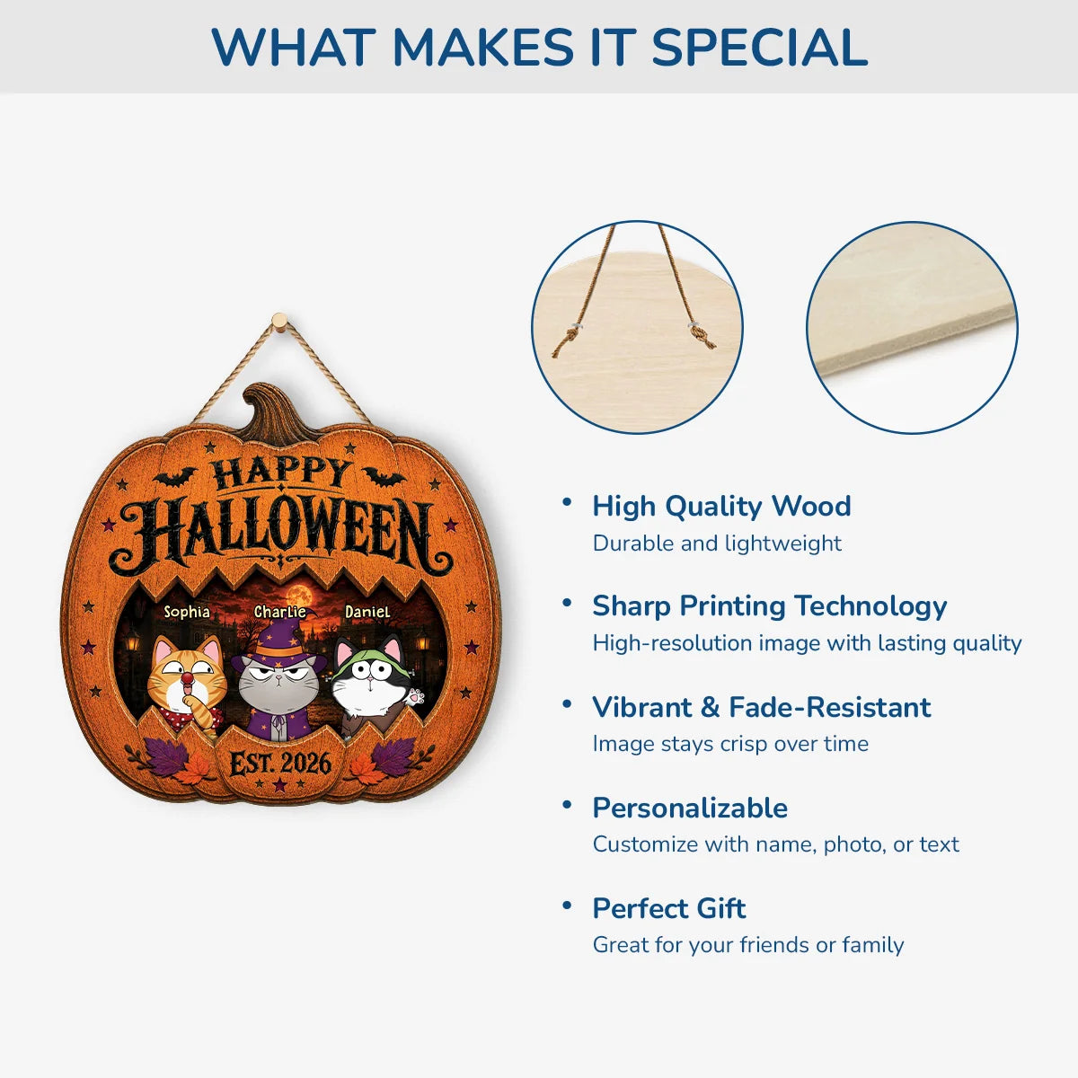 Wood Sign material and size view - Personalized Cat Halloween Wood Sign