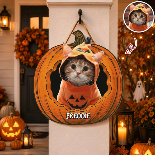 Custom Photo Pumpkin Halloween Pet Wood Door Sign - Personalized Dog & Cat Decor Gift