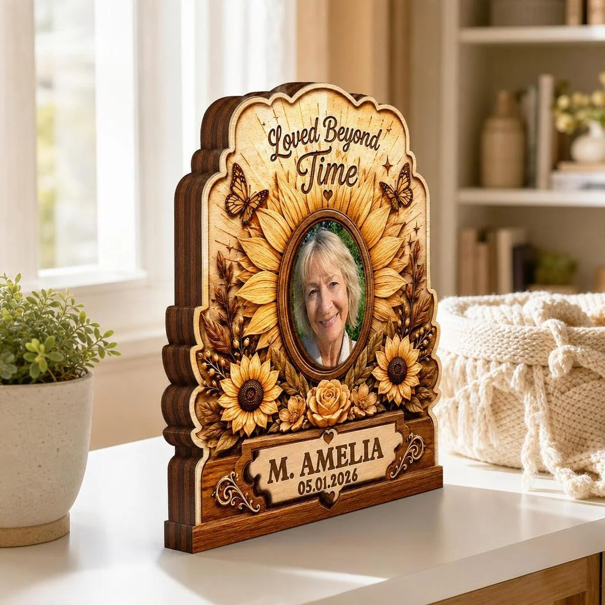 "Loved Beyond Time" Personalized Photo Wooden Block - Custom Memorial Keepsake Gift for Loss of Loved One