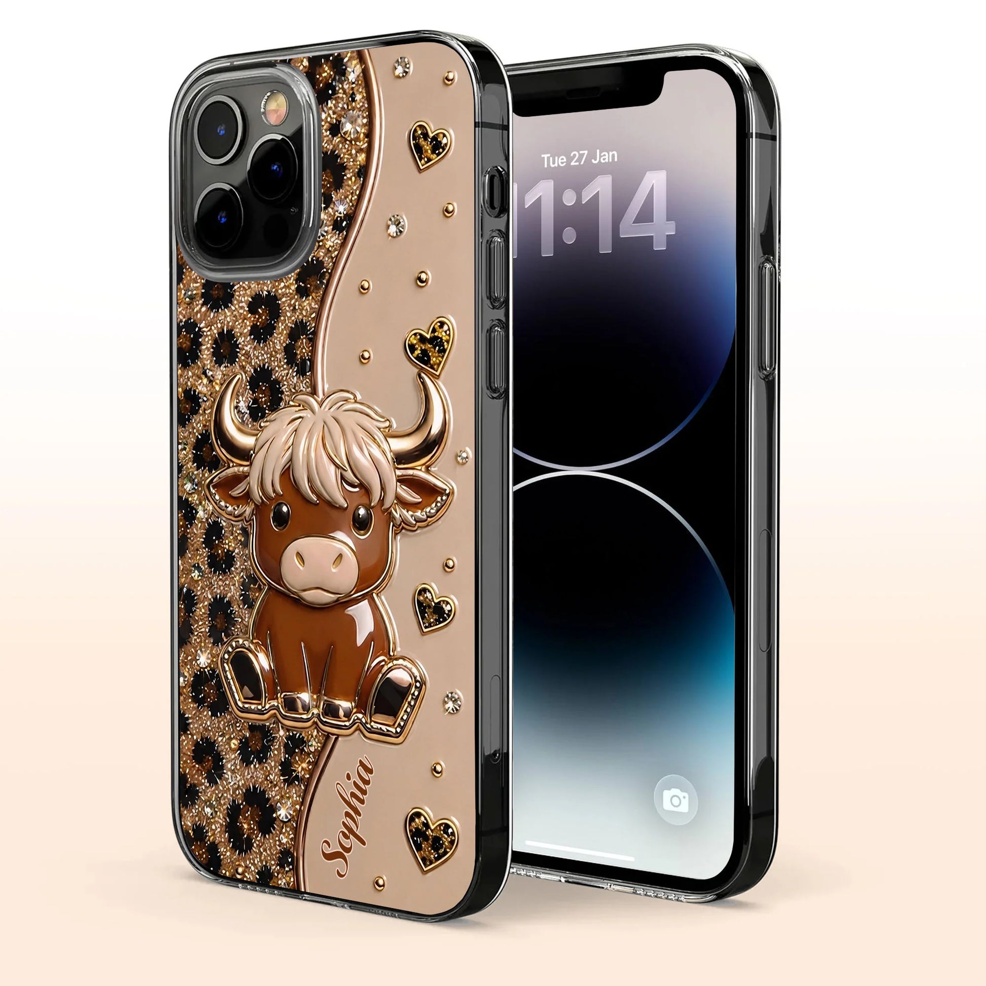 Highland cow personalized clear phone case with glitter leopard hearts for women image 6