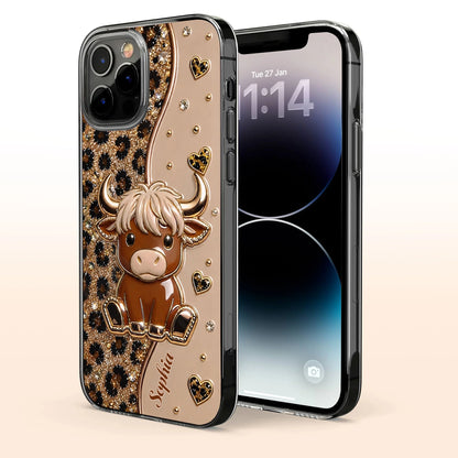 Highland cow personalized clear phone case with glitter leopard hearts for women image 6