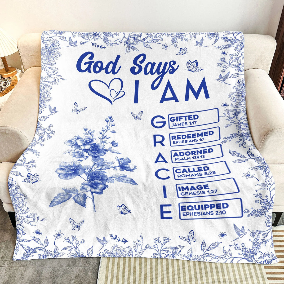 God Says I Am Personalized Blanket - Custom Name Bible Verse Toile Christian Gift