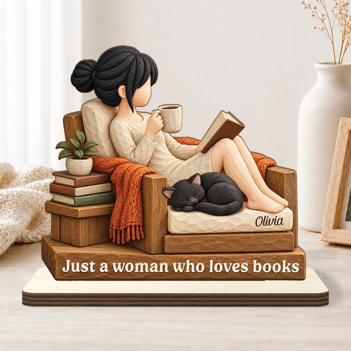 Just a Girl Who Loves Books Personalized Wooden Plaque - Custom Reader Gift for Cat Lovers
