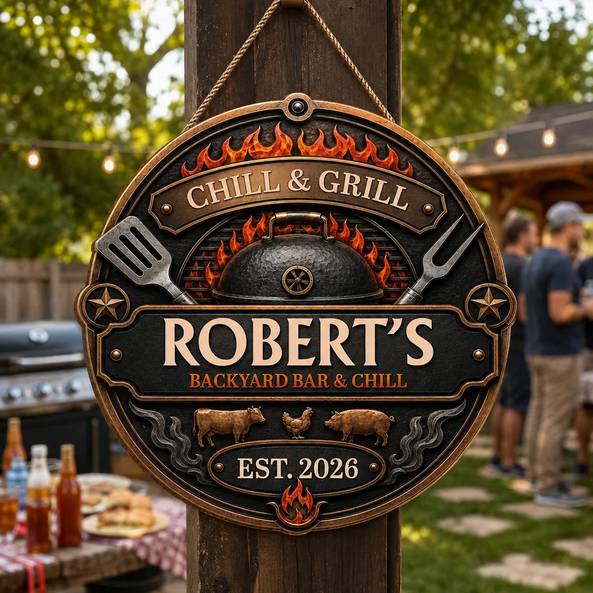 Chill and Grill Personalized Wood Sign - Custom BBQ Door Decor for Dad & Husband
