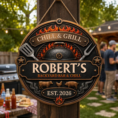 Chill and Grill Personalized Wood Sign - Custom BBQ Door Decor for Dad & Husband