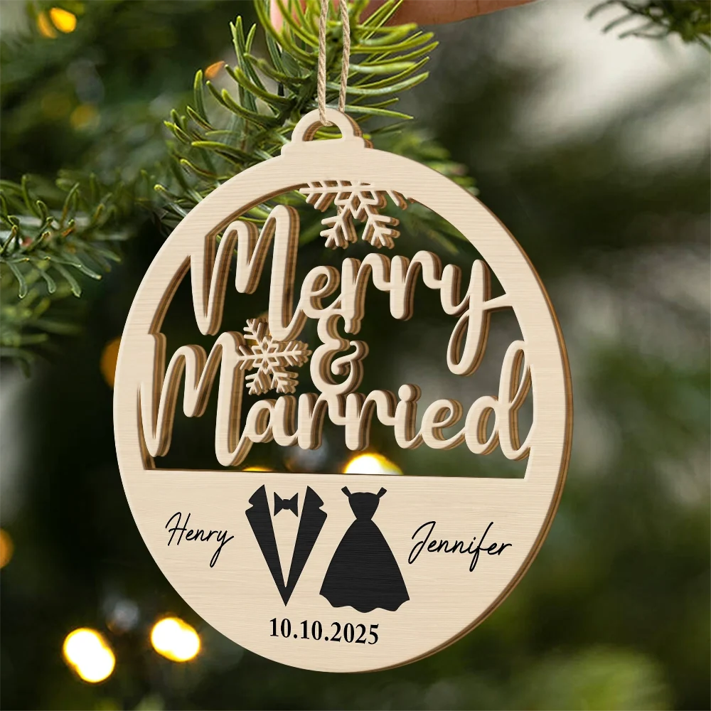 First Christmas Couple Merry & Married - Personalized Custom Shaped Wooden Ornament 1e7a8842-ad67-4e28-9462-c0183a37021a-AT1754-CIN3607-MK-1.png