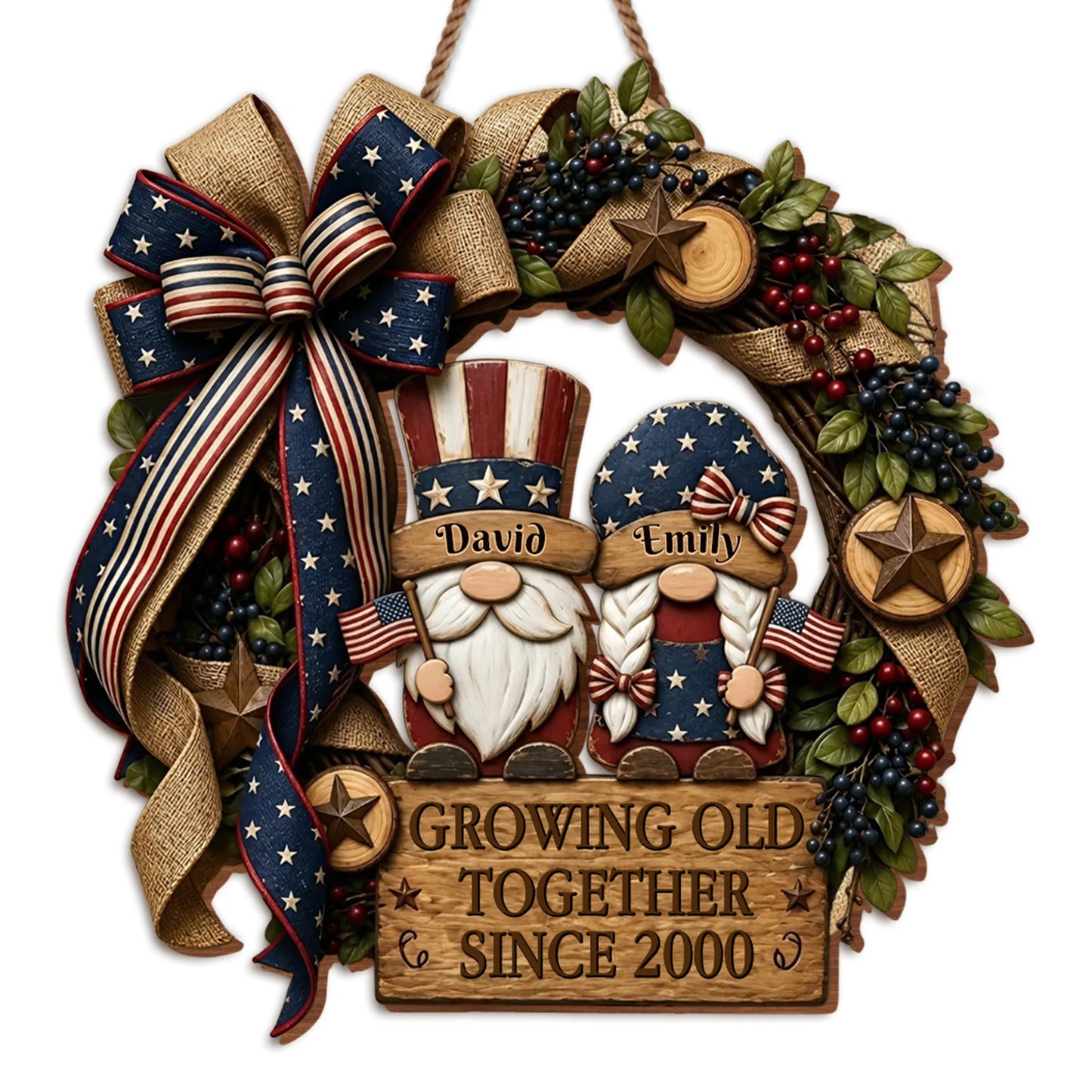 Custom patriotic gnomes wood sign featuring American flag wreath design personalized for couples door decor image 7