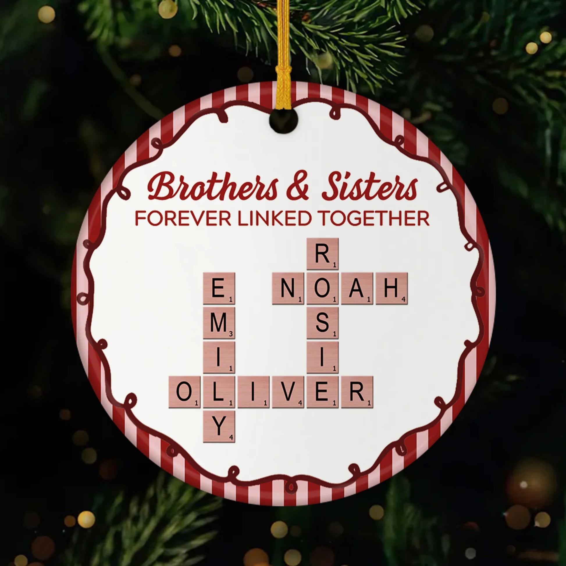 Brothers & Sisters Forever Linked Together Crossword Ceramic Ornament - Personalized Sibling Gift