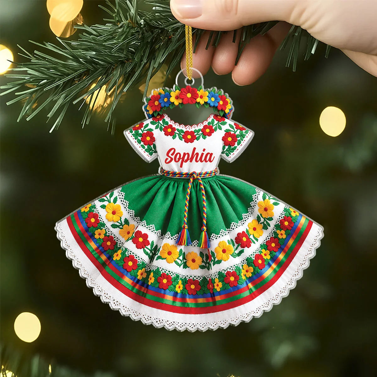 Personalized Hispanic Traditional Floral Dress Acrylic Ornament - Custom Name Cultural Christmas Keepsake Gift for Her
