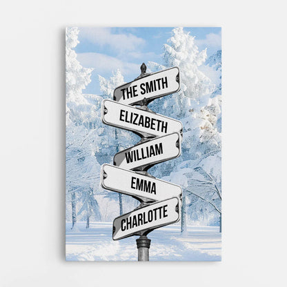Personalized street sign canvas wall art with custom family names on multi-direction crossroad signs