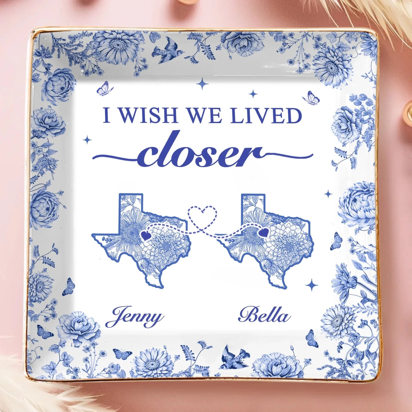 "I Wish We Lived Closer" Personalized Long Distance Jewelry Dish - Custom State Ring Trinket Tray for Best Friends