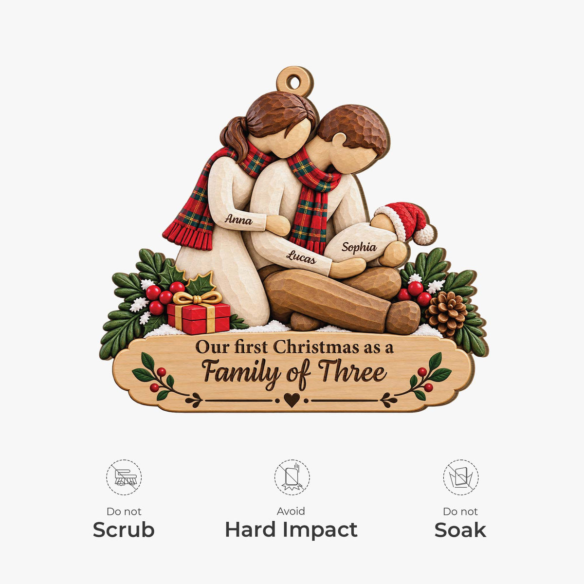 Our First Christmas as a Family of Three - Personalized Wood Ornament Keepsake Gift
