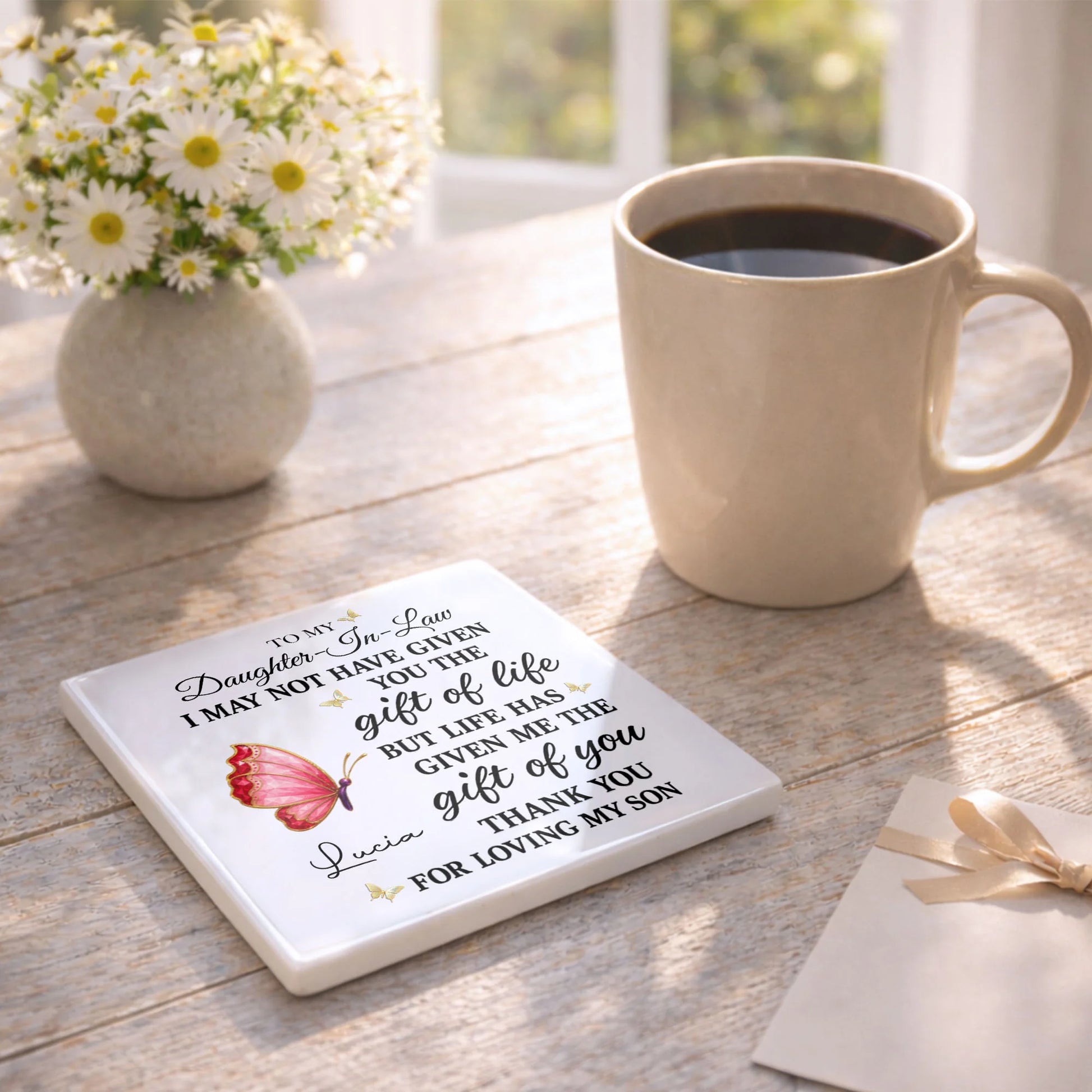 Jewelry Dish material and size view - Personalized Daughter In Law Ceramic Coaster