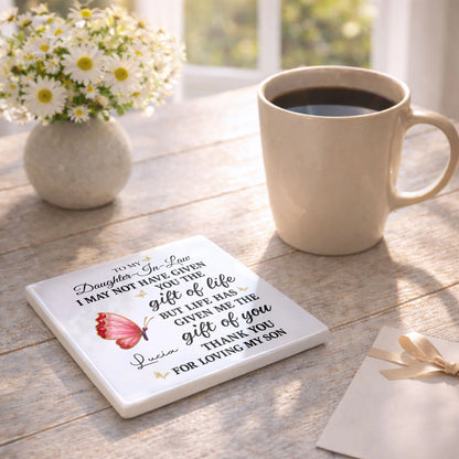 Jewelry Dish material and size view - Personalized Daughter In Law Ceramic Coaster