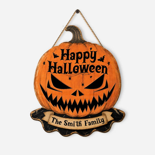 Happy Halloween Personalized Family Wood Sign - Custom Pumpkin Door Hanger Decor