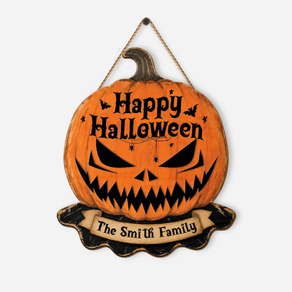 Happy Halloween Personalized Family Wood Sign - Custom Pumpkin Door Hanger Decor
