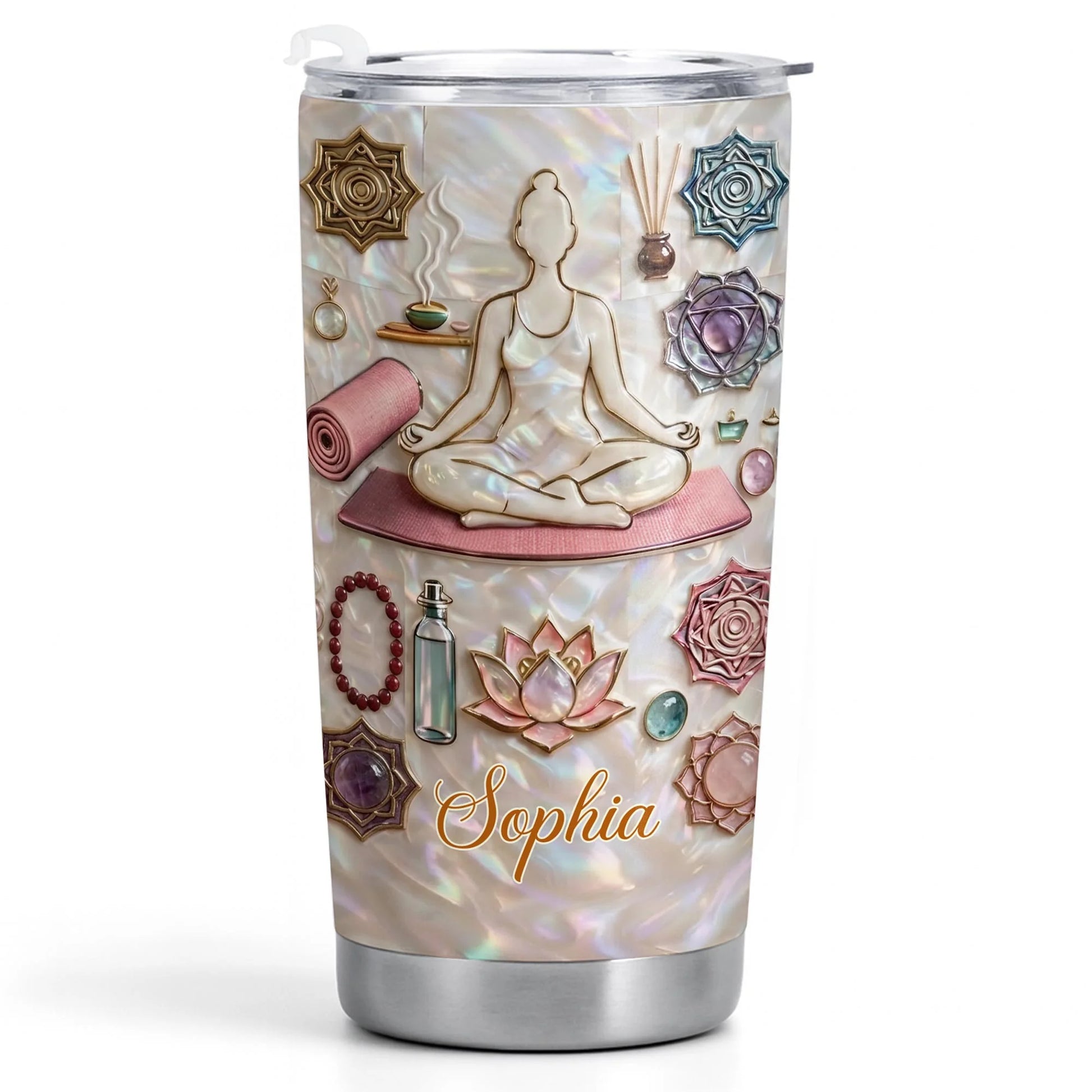 Personalized yoga meditation tumbler with custom name Sophia, faux 3D lotus flower, and mother of pearl design. image 10