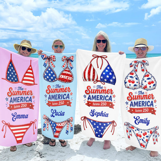 Personalized USA bikini beach towel with stars and stripes design for patriotic summer vacation gifts