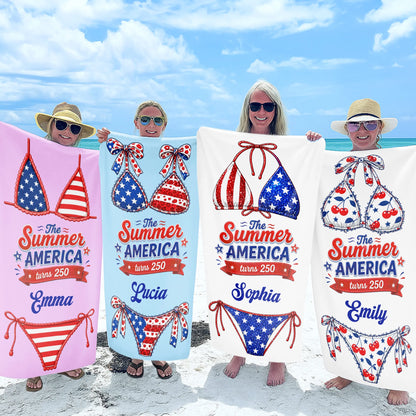 Personalized USA bikini beach towel with stars and stripes design for patriotic summer vacation gifts
