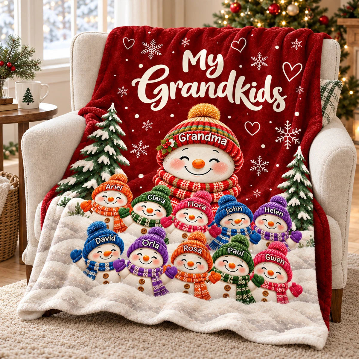My Grandkids Personalized Snowman Blanket with Names - Custom Grandma Christmas Gift Throw