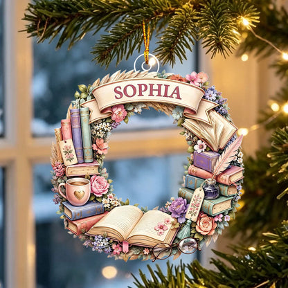 Custom Book Wreath Acrylic Ornament - Personalized Name Keepsake for Book Lovers