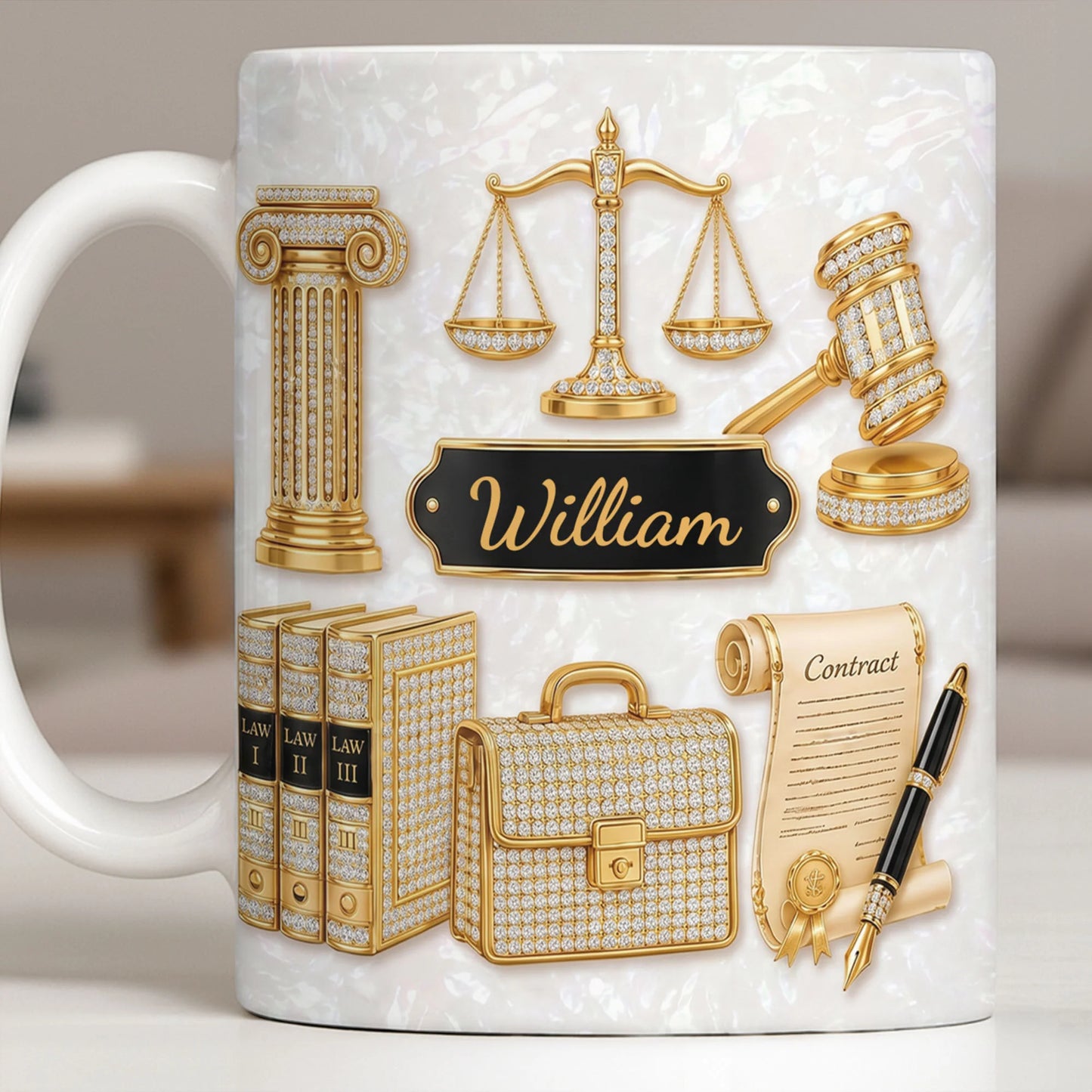 Personalized lawyer mug with golden scales of justice and custom name on mother of pearl background image 10
